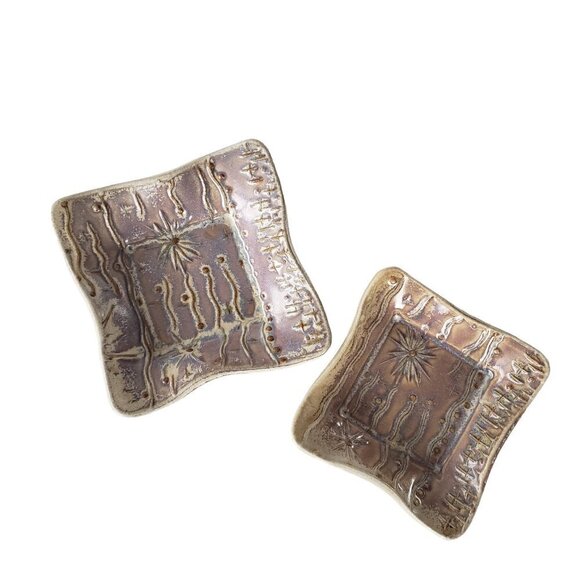 Art Pottery 2 Mini Trinket Dishes Handmade Abstract Design Neutral Colour - Picture 8 of 10